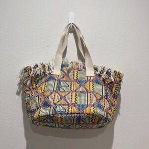 Aerie Boho Geometric Woven Fringe Tote Bag Yellow blue pink Kente-inspired beach